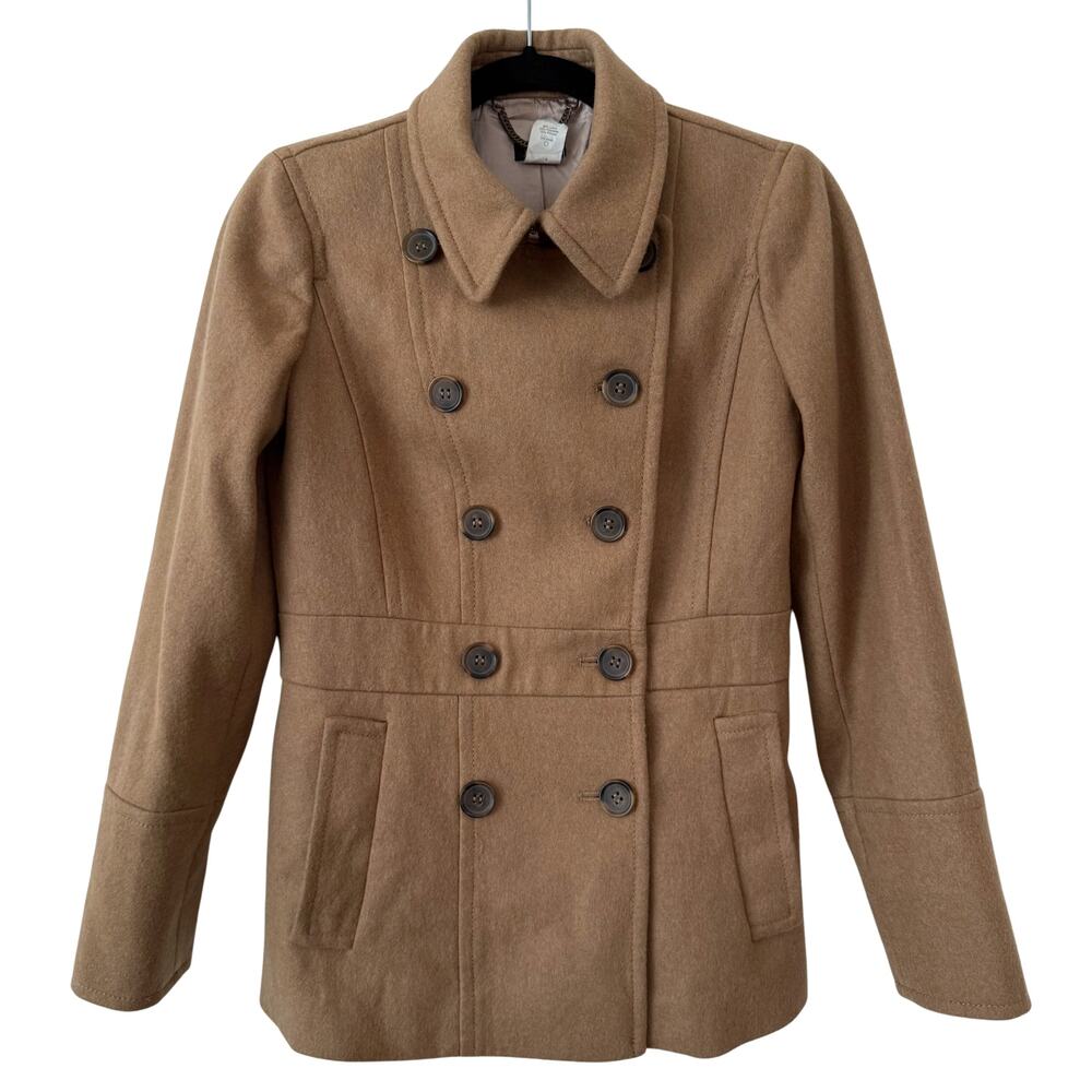 J. Crew Tan Wool Double Breasted Peacoat Size 0 Classic Preppy Academia Minimal